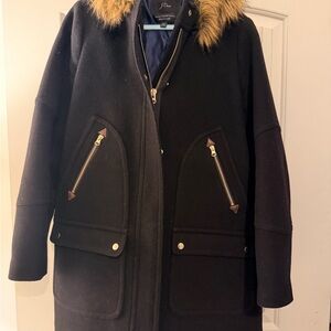 J. Crew Black Puffer Coat with Faux Fur Collar